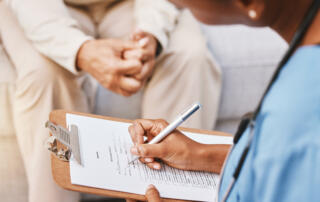 Nurse, clipboard and medical checklist with patient for healthcare, life insurance or hospital service. Closeup doctor writing notes, consulting and report documents of surgery, test results and data.