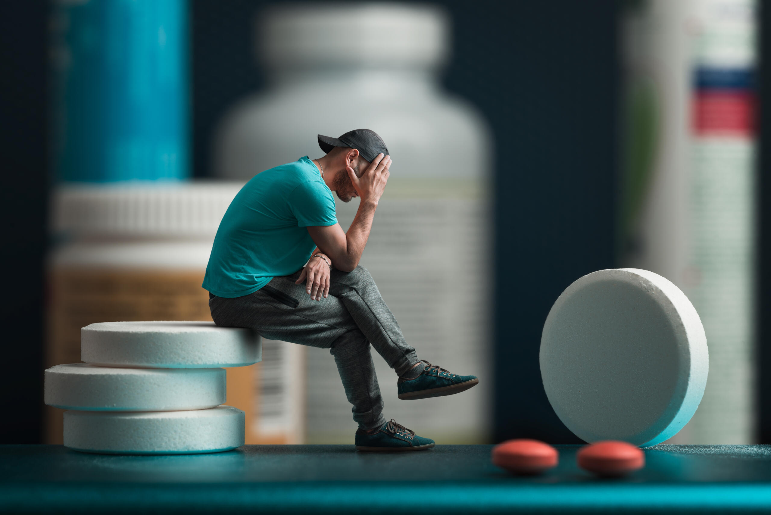The man sitting on the pills. He's depressed. Flacons of medicines in the background.